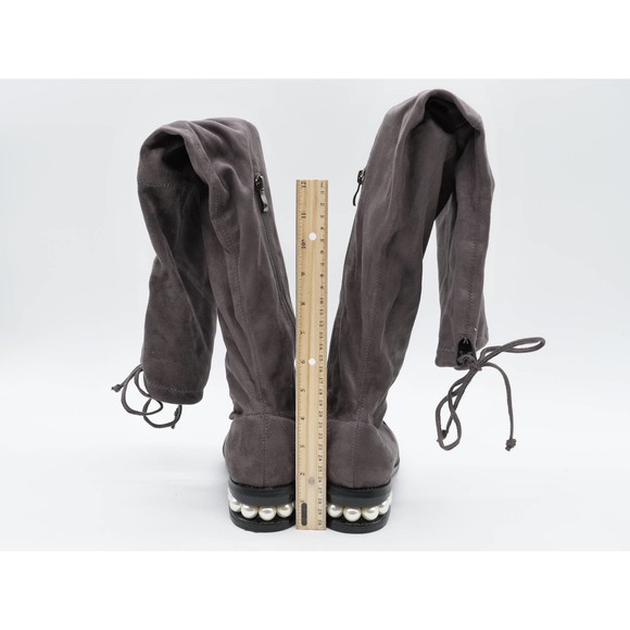 Catherine Malandrino Sock Boots Womens 7 Gray Fabric Pearl Heel Thigh Highs - Picture 9 of 11